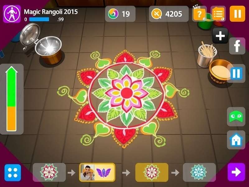 Modern Magic Rangoli gameplay interface showing colorful rangoli designs